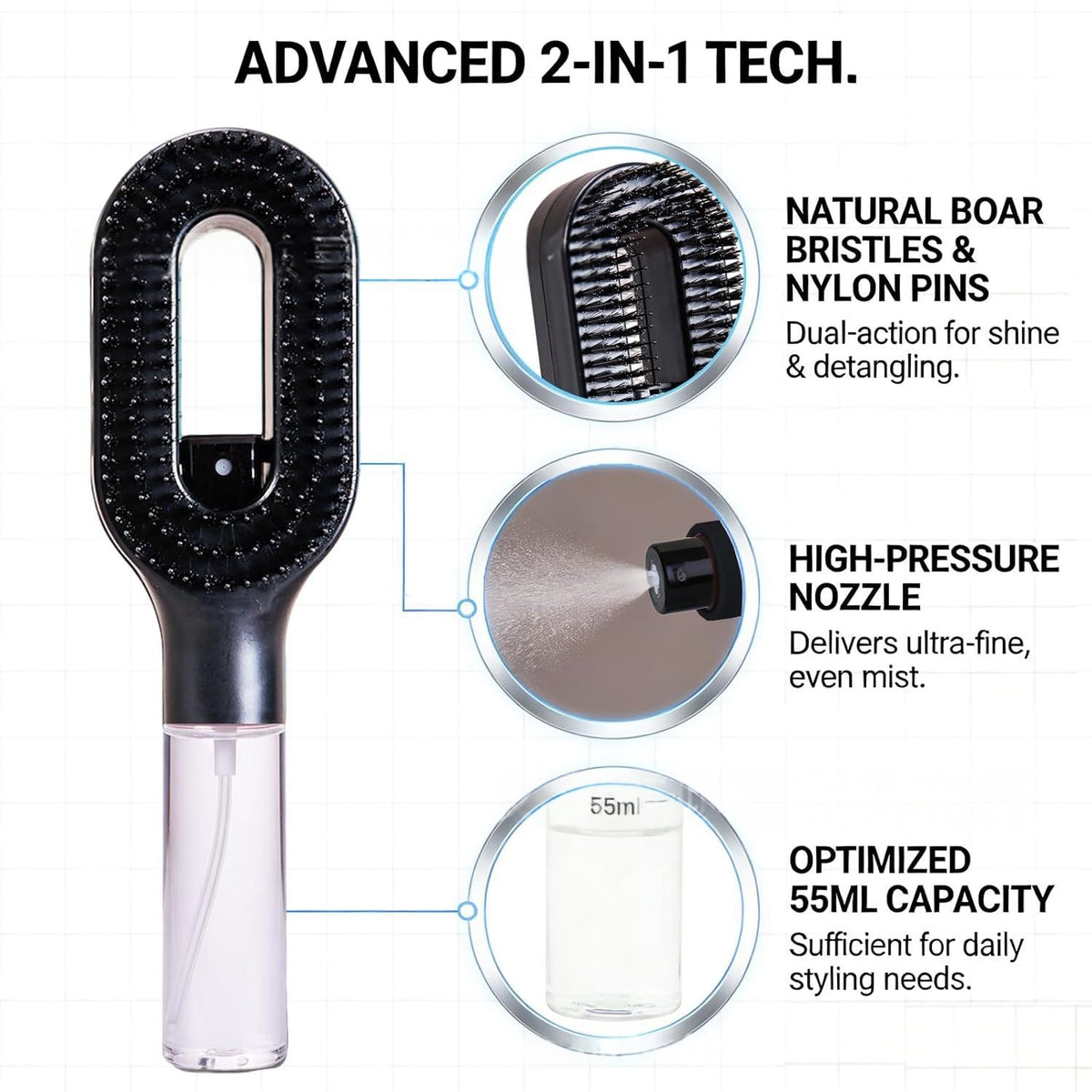 2in1 Spray Comb Hairbrush with Scalp Massage & Mist Bottle