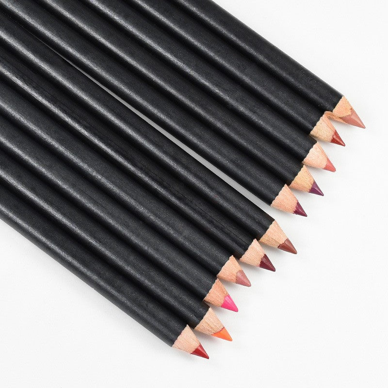 Black Wooden 12-Color Waterproof Lip Liner Pens